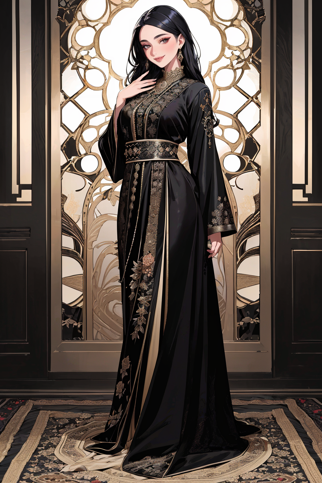 14074-4080979573-((masterpiece,best quality,edgQuality)),(smile),looking at viewer,standing,_edgCaftan, a woman in a black floral robe posing for.png